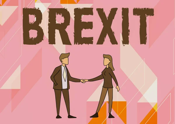 Brexit 를 보여 주는 텍스트 캡션. 사업 아이디어라는 용어는 유럽 연합 (EU) 남성 과 여성 이 서로 마주 보고 있는 영국을 잠재적으로 떠난다는 의미이다. — 스톡 사진