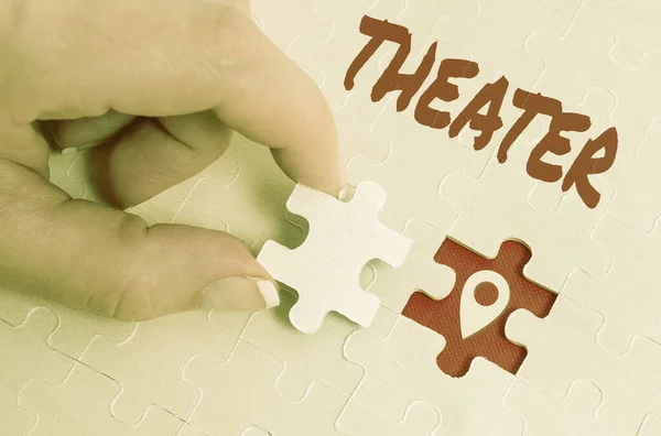 Writing displaying text Theater. Word Written on building or outdoor area in which plays and dramatic performances Building An Unfinished White Jigsaw Pattern Puzzle With Missing Last Piece — Stock Photo, Image