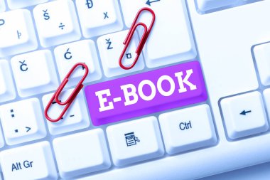 E-Kitap 'ı gösteren metin işareti. Bilgisayar ya da tablet okuyabilen, daktiloyla yazılmış dokümanları çevrimiçi olarak yayınlayabilen, uzun vadeli sözleşme yazabilen basılı kitabın elektronik versiyonunu kabul et