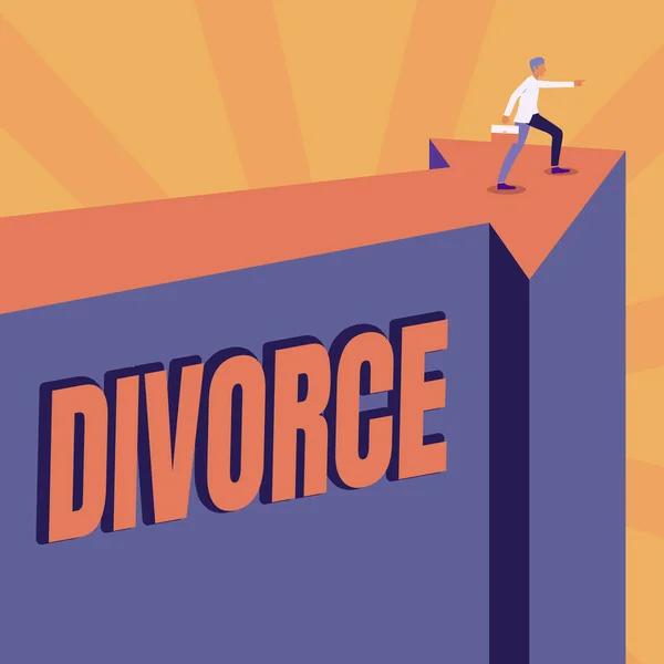 Εννοιολογική απεικόνιση Διαζύγιο. Επιχειρηματική έννοια Νομική διάλυση του γάμου Διαχωρισμός Διαφωνία Άνθρωπος Εικονογράφηση Μεταφορά Βαλίτσα στην κορυφή του βέλους Εμφάνιση νέων στόχων φάση. — Φωτογραφία Αρχείου