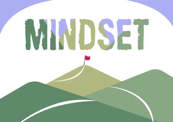 Firma mostrando Mindset. Negocios muestran la actitud mental y emocional que se centra en el lado positivo de la cordillera de dibujo con carretera que conduce a la bandera levantada en la parte superior. —  Fotos de Stock