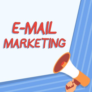 Kavramsal ekran E-Posta Pazarlaması. Çevrimiçi satış bültenleri reklamları, el ele tutuşma megafonunun tanıtımı, harika bir duyuru..