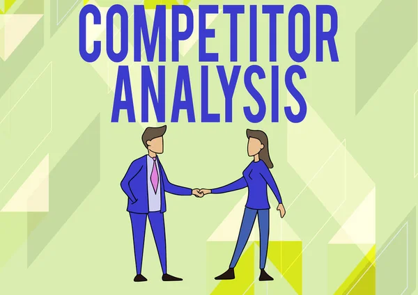 Inspiracja wykazująca analizę konkurentów. Słowo określające siłę słabości konkurencyjnego mężczyzny i kobiety stojących naprzeciw siebie trzymających się za ręce. — Zdjęcie stockowe