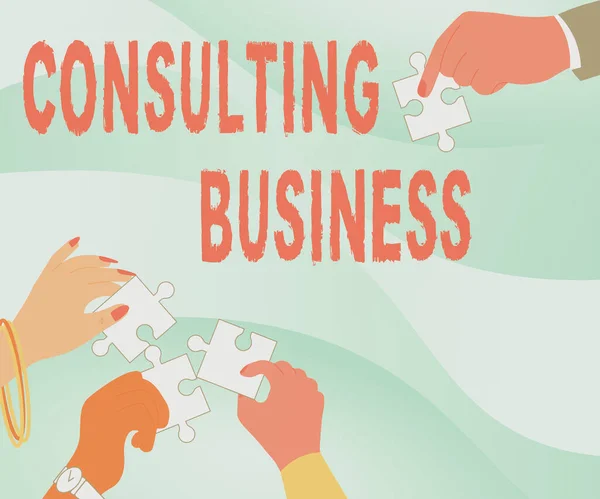 Firma mostrando Consulting Business. Word for Consultancy Expertos en empresas dan consejos profesionales Ilustración de manos sosteniendo piezas de rompecabezas ayudándose mutuamente. — Foto de Stock
