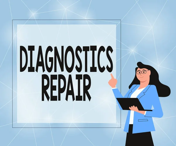 Sign displaying Diagnostics Repair. Word Written on A program or routine that helps a user to identify errors Illustration Of Businesswoman Standing Holding Her Laptop Presenting Ideas.