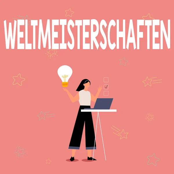 Writing displaying text Weltmeisterschaften. Word Written on World Championships World Cup of Sporting Competitions Illustration Of Girl Using Laptop Having Ideas And Making Checklist. — Stock Photo, Image