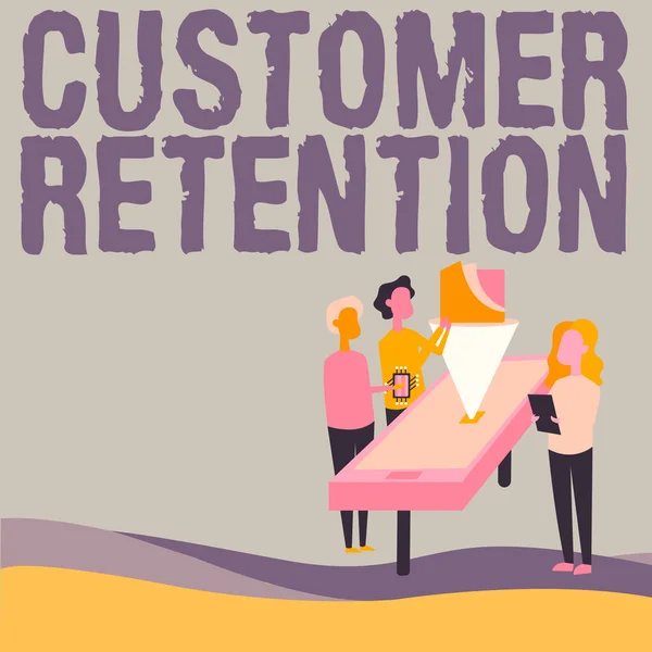 Text sign showing Customer Retention. Business concept Keeping loyal customers Retain many as possible Colleagues Drawing Standing Beside Table Projection Graph Chart.