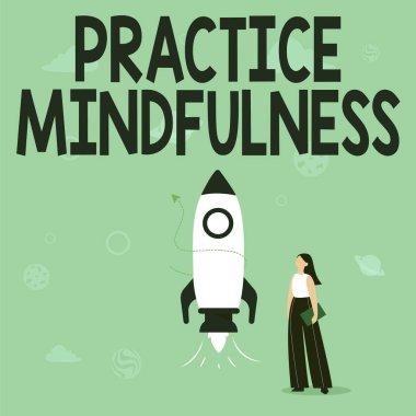 İlham verici farkındalığı gösteren bir metin. İş genel değerlendirmesi, Roket Gemisi Fırlatmaya Hazır Duran Sıradan Bir Kızın Meditasyon İllüstrasyonunu gerçekleştirebilir