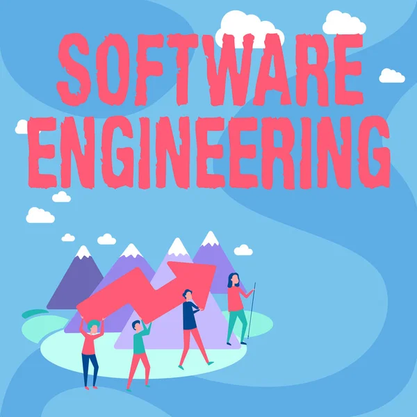 Подпись к тексту представляет Software Engineering. Бизнес-идея Разработка программы в системном количественном подходе Четыре коллеги Иллюстрация Восхождение Горный Холдинг Большая Стрела. — стоковое фото