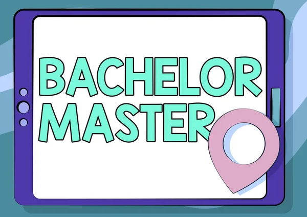 Εγγραφή εμφάνισης κειμένου Bachelor Master. Business showcase Ένα προηγμένο πτυχίο ολοκληρώθηκε μετά bachelor s είναι πτυχίο Computer Tablet Σχέδιο με σαφή οθόνη αφής και την τοποθεσία Pin. — Φωτογραφία Αρχείου