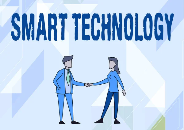 標識スマート技術を示すインスピレーション。コンピュータやチップの男と女が互いの手に向かって立っているビジネスショーケースガジェットやデバイス. — ストック写真