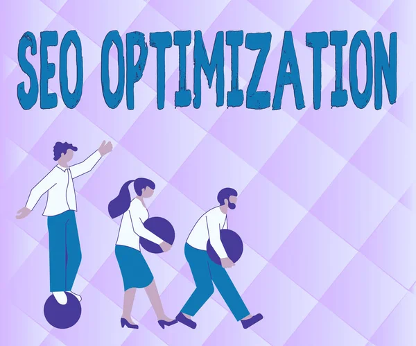 Az inspiráció Seo Optimizálás jeleit mutatja. Üzleti ötlet folyamat érintő online láthatóságát weboldal vagy oldal Illusztrációja Csoport hozza saját nehéz gömb együtt. — Stock Fotó