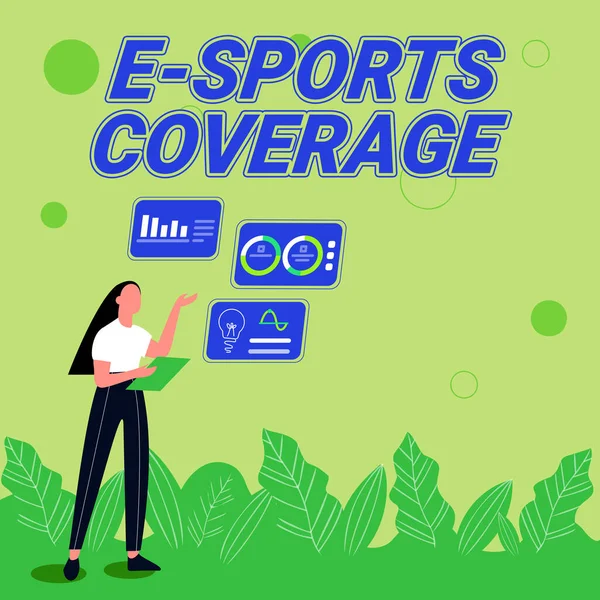 Hand writing sign E Sports Coverage. Word Written on Reporting live on latest sports competition Broadcasting Illustration Of Girl Sharing Ideas For Skill Discussing Work Strategies. — Stock Photo, Image