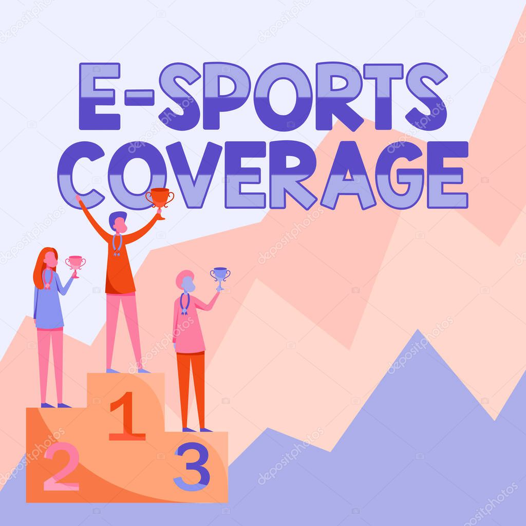 Inspiration showing sign E Sports Coverage. Conceptual photo Reporting live on latest sports competition Broadcasting Three Competitors Standing On Podium Holding Trophies Celebrating Victory.