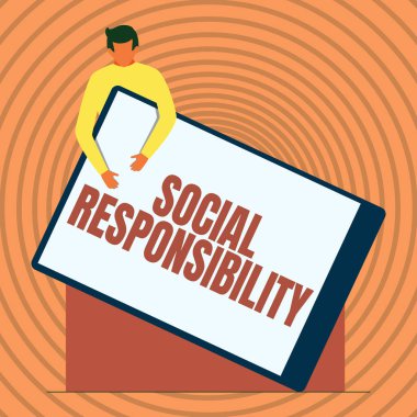 El yazısı tabelası Sosyal Sorumluluk. Toplumun Yararına İş Gösterme Yükümlülüğü Hayattaki Denge Centilmen Elinde Büyük Bir Boş Pano Çiziyor.