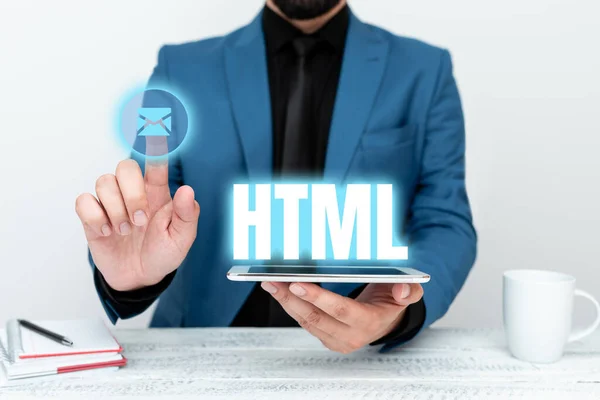 Html 를 표시하는 텍스트 캡션. Business overview for the lingua franca for publishing hypertext on the World Wide Web Presenting Communication Technology Smartphone Voice And Video call — 스톡 사진