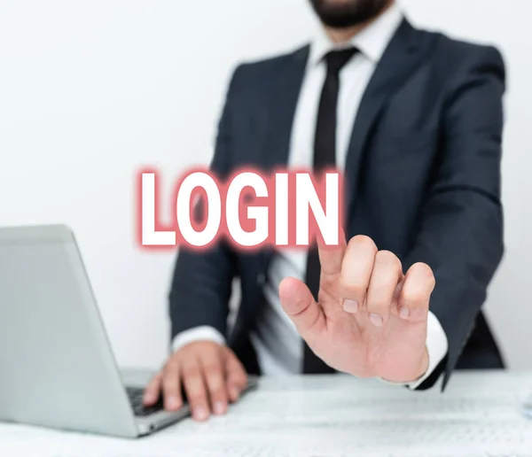 Text sign showing Login. Business showcase Entering website Blog using username and password Registration Remote Office Work Online Presenting Communication Technology — Stock Photo, Image