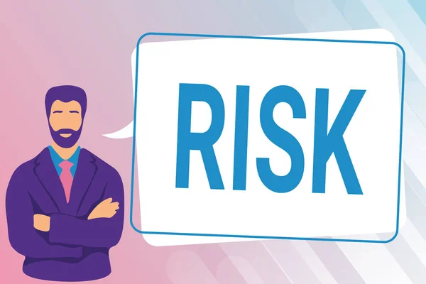 Text showing inspiration Risk. Business showcase Possibility of losing something of value or threat of damage Man Crossing Hands Illustration Standing With Speech Bubble Message. — Stock Photo, Image