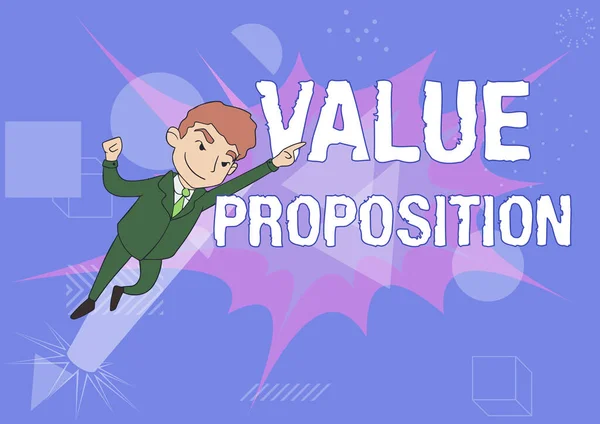 Text caption presenting Value Proposition. Business concept service make company or product attractive to customers Man Drawing In Uniform Standing Pointing Upward Displaying Leadership. — Stock Photo, Image