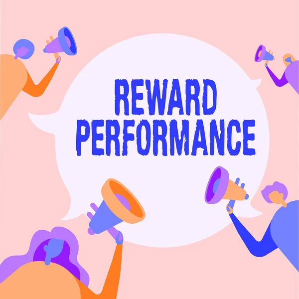 Exibição conceitual Reward Performance. Conceito significado Avaliação Reconhecer os trabalhadores Vale Relativo para a empresa Pessoas Desenho Segurando seus megafones Falando uns com os outros. — Fotografia de Stock