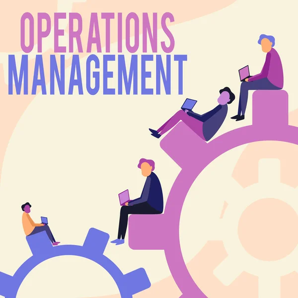 Conceptual display Operations Management. Internet Concept ensure Inputs to Output the Production and Provision Four Teammates Drawing Sitting Gears Using Laptop Showing Progress. — Stock Photo, Image