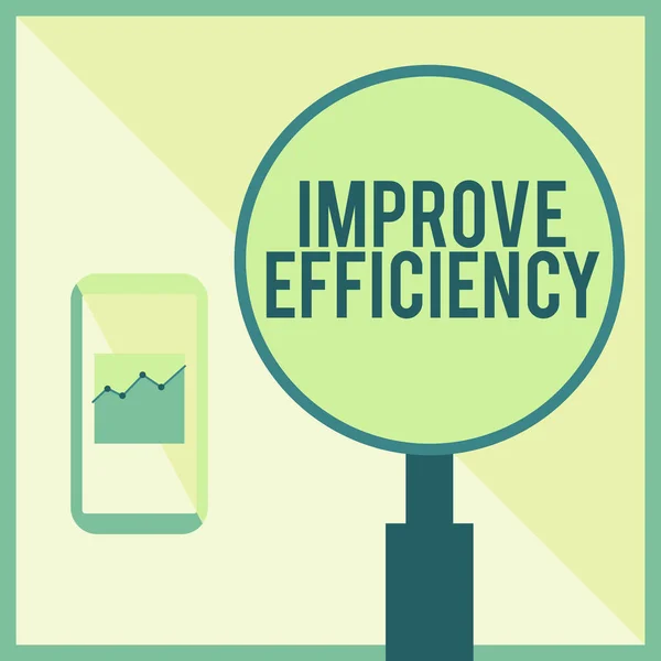 Leyenda conceptual Mejorar la eficiencia. Idea de negocio Competencia en rendimiento con menos desperdicio de esfuerzo Ilustración de Smartphone activo junto a una lupa grande. — Foto de Stock