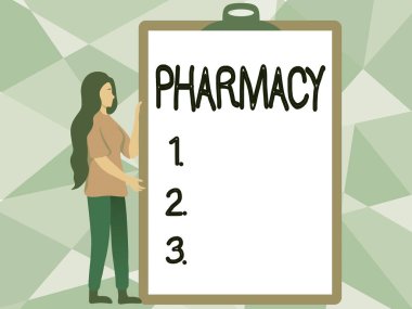 Metin Eczanesi sergileniyor. Tıbbi ilaçların satıldığı hastane ya da dükkan için bir sözcük. Elinde Yeni Anlamı Gösteren Büyük Boş Bir Pano Çizen Kadın..