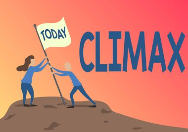 Kavramsal başlık Orgazmı. Kavramsal fotoğraf, Dağ Zirvesi Üzerine Bayrak Çeken Erkek ve Kadın Geliştirme veya Çözünürlükteki en yüksek ya da en yoğun nokta.