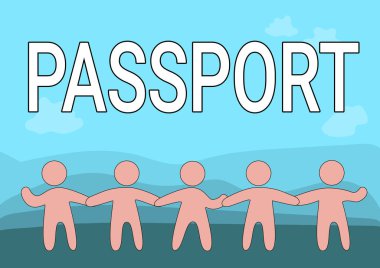 Pasaportu göster. Bir hükümet tarafından yayınlanan ve kimlik tespiti için hazırlanan iş genel değerlendirmesi resmi belgesi. Beş Ayakta Duran İnsanlar El Koyan Takım Desteğini Gösteriyor.