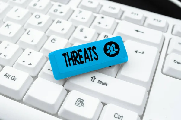 Text showing inspiration Threats. Business idea Statement of an intention to inflict pain hostile action on someone Writing Comments On A Social Media Post, Typing Interesting New Article