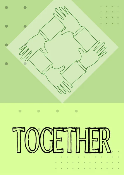Konzeptionelle Bildunterschrift: Gemeinsam. Wort für eine enge und harmonische Beziehung, in der die Zeigenden oder Gruppen Vier Hände Verbundene Arme zusammenhalten Zeigen Verbindungssymbol. — Stockfoto