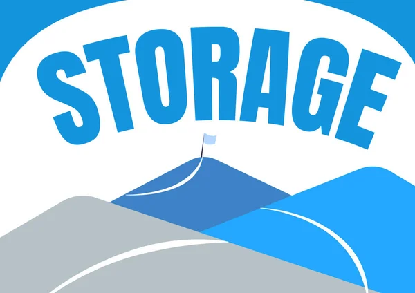 Text caption presenting Storage. Concept meaning Action of storage something for future use Keep things safe Mountain Range Drawing With Road Leading To Raised Flag At Top. — Stock Photo, Image