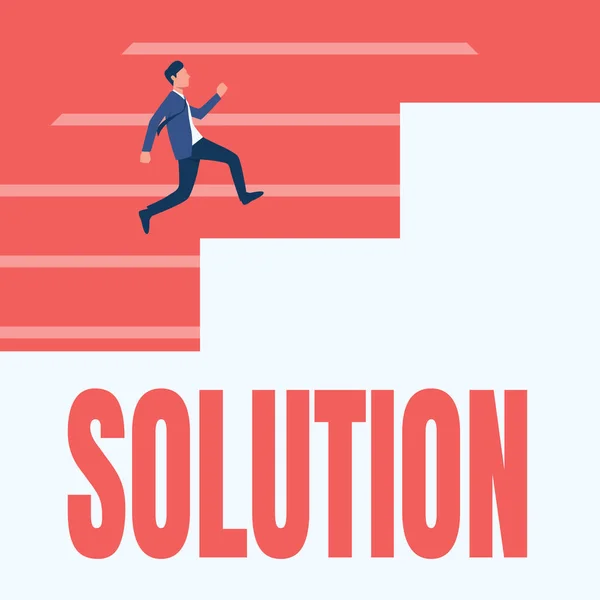 Konceptvisning Lösning. Affärsöversikt ett sätt att lösa ett problem eller hantera en svår situation Gentleman i kostym kör uppåt på en stor trappa visar framsteg. — Stockfoto