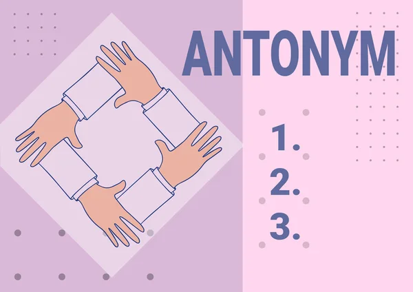 안토니를 보여 주는 문자 표지판. 사업적 접근 단어 또는 어구는 의미와 반대되는 4 개의 손을 연결하여 연결 상징을 표시하는 4 개의 손. — 스톡 사진