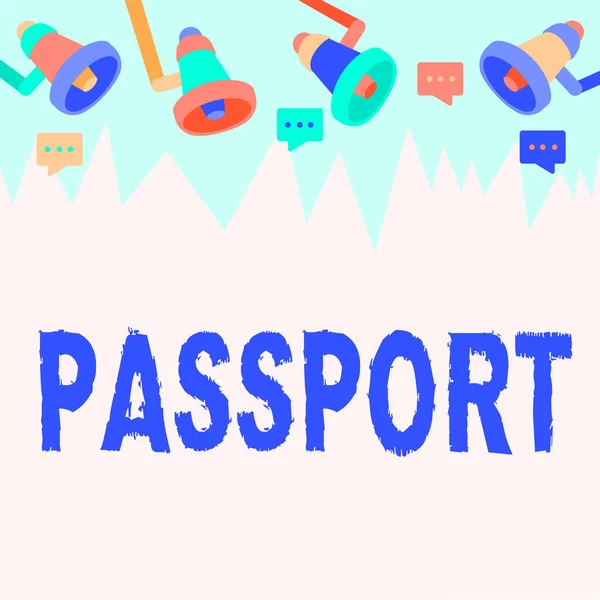 Pisanie wyświetlania tekstu Paszport. Internet Concept oficjalny dokument wydany przez rząd poświadczający tożsamość Pułap Megafon Rysunek dający Reakcja Ogłoszenie. — Zdjęcie stockowe
