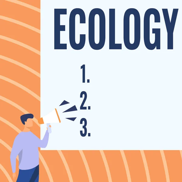 Hand writing sign Ecology. Word for Branch of science relation organisms environment Scientific study Businessman Drawing Talking Through Megaphone Making New Announcement. — Stock Photo, Image