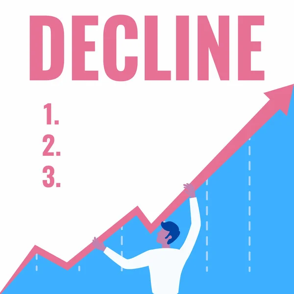 Penurunan kapsi konseptual. Uraian bisnis Menjadi lebih kecil sedikit Penurunan kebijakan Menolak mengatakan tidak ada Man Drawing Holding Graph Arrow Menampilkan Pertumbuhan Bisnis. — Stok Foto