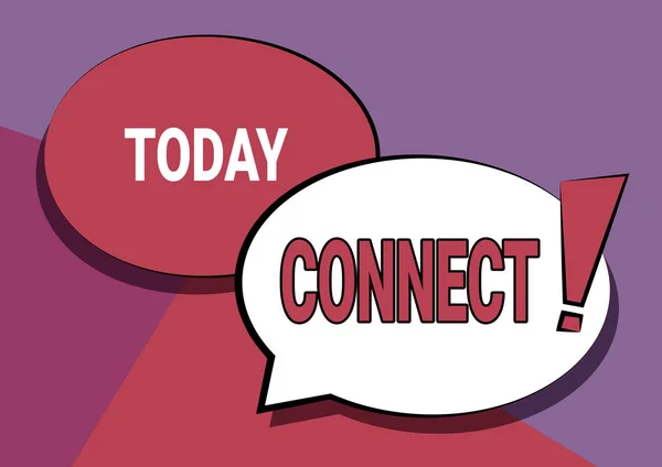 Firma visualizzazione Connect. Parola scritta sullo stare insieme Contatto Associate Relate Networking comunicare due colorate sovrapposizioni Disegno a bolle Discorso con punto esclamativo. — Foto Stock
