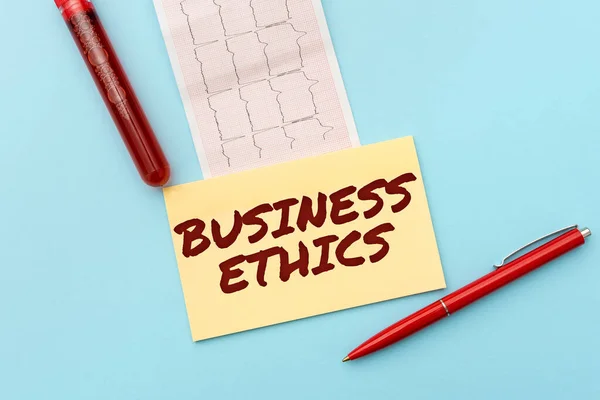 Text sign showing Business Ethics. Business overview Moral principles that guide the way a business behaves Reading Graph And Writing Important Medical Notes Test Result Analysis — Stock Photo, Image