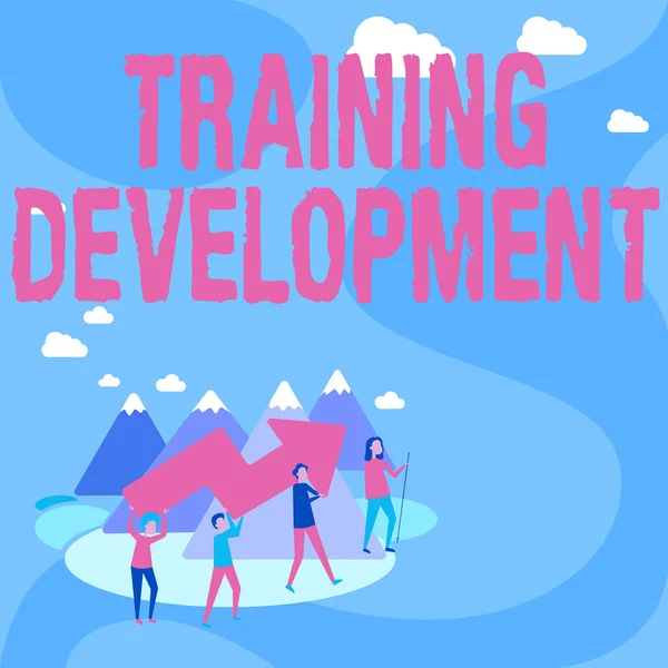 Writing displaying text Training Development. Business showcase Learn and Expand skills and knowledge Program Four Colleagues Illustration Climbing Mountain Holding Large Arrow. — Stock Photo, Image
