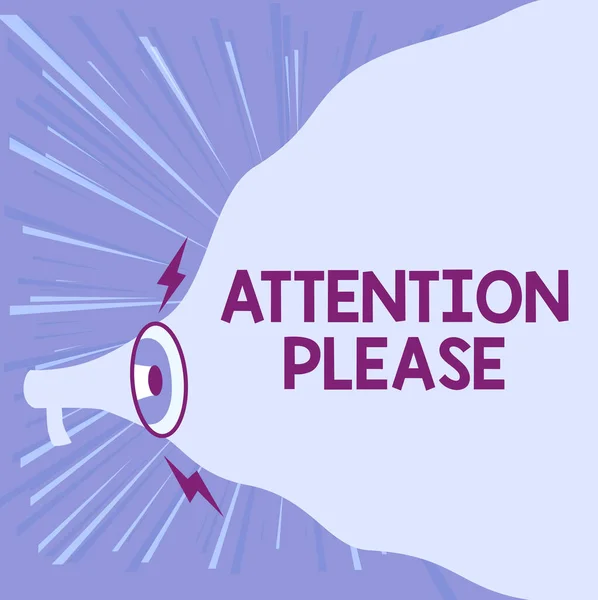 Text sign showing Attention Please. Conceptual photo Asking showing to focus their mental powers on you Megaphone Drawing Making New Loud Announcement To Blank Cloud. — Stock Photo, Image