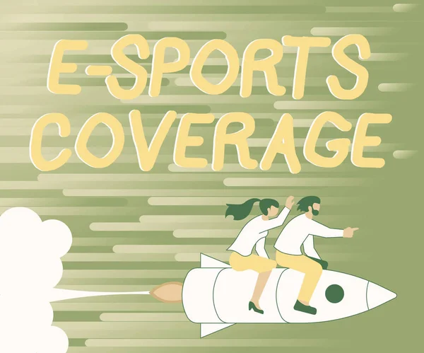 Tekst pisma E Sports Coverage. Koncepcja biznesowa Raportowanie na żywo z najnowszych zawodów sportowych Ilustracja Happy Partners Riding On Rocket Ship Exploring World. — Zdjęcie stockowe