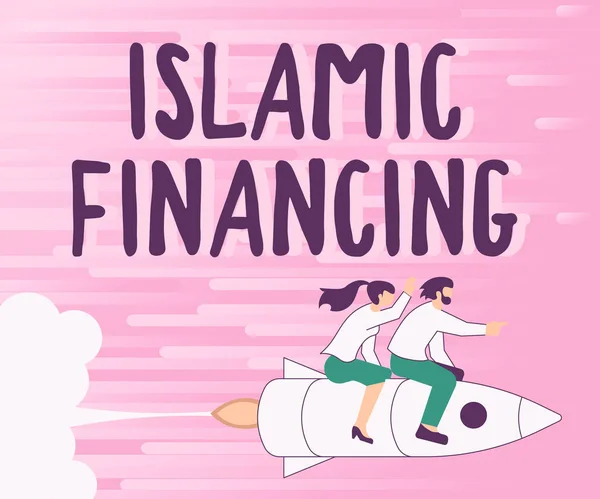 Konceptuell bildtext Islamisk Finansiering. Affärsidé Bankverksamhet och investeringar som överensstämmer med sharia Illustration Of Happy Partners Riding On Rocket Ship Exploring World. — Stockfoto