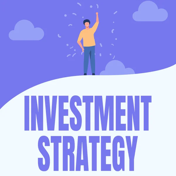 Conceptuele weergave van investeringsstrategie. Internet Concept Regels Procedures Gedrag van een gids voor een investeerder Man tekenen Raising Hand Sky Standing Hill Toon succes. — Stockfoto