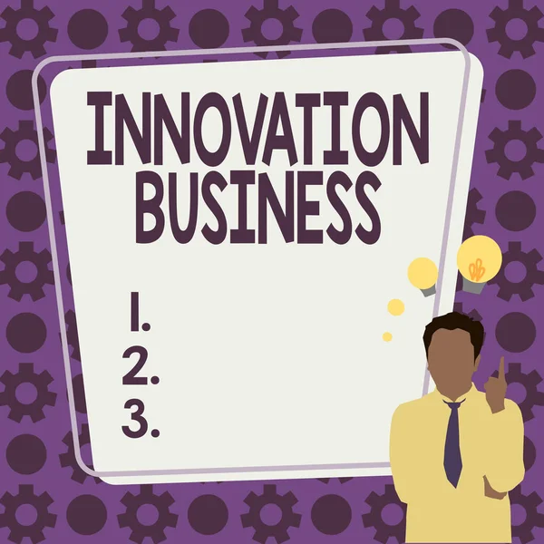Teken Innovatie Business. Woord voor het introduceren van nieuwe ideeën Workflows Methodologie Diensten Illustratie van een zakenman staande komen met nieuwe verbazingwekkende ideeën. — Stockfoto