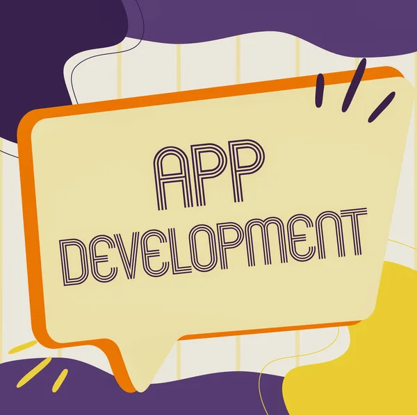 Handschrift App Development. Woord voor Ontwikkeling diensten voor ontzagwekkende mobiele en web ervaringen Illustratie van lege grote Chat Box voor het wachten op reclame. — Stockfoto