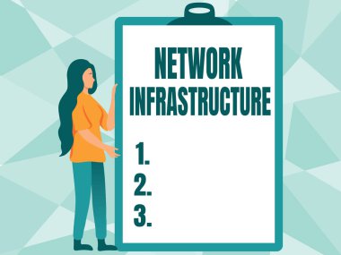 Text showing inspiration Network Infrastructure. Word for Hardware and Software resources In and Out Connection Woman Drawing Holding A Big Empty Clipboard Showing New Meaning. clipart
