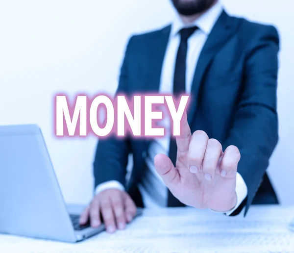 Writing displaying text Money. Business concept a current medium of exchange in the form of coins and banknotes Remote Office Work Online Presenting Communication Technology — Stock Photo, Image