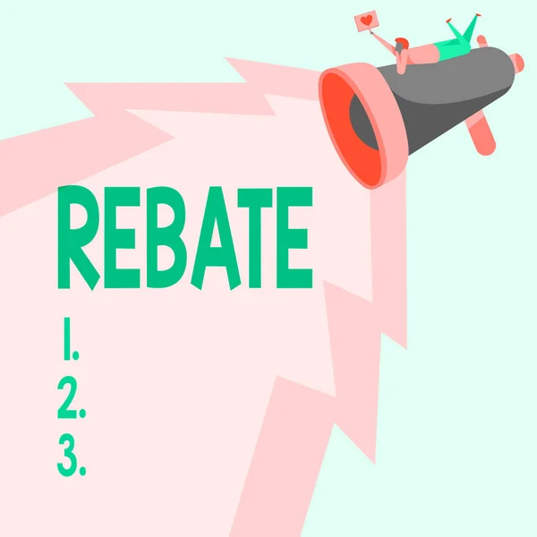 Inspirace ukazuje znamení Rebate. Internet Koncept Obrovské odměny, které můžete získat, když jste se zapojili do speciální promo Man Drawing On Megaphone Producing Lighting Making Lovely Message. — Stock fotografie