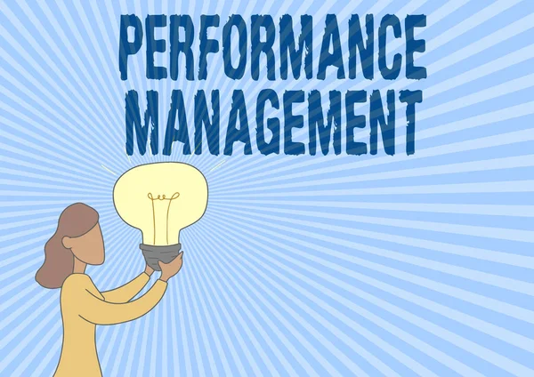 Hand writing sign Performance Management. Internet Concept Improve Employee Effectiveness overall Contribution Lady Standing Drawing Holding Light Up Showing New Ideas. — Stock Photo, Image